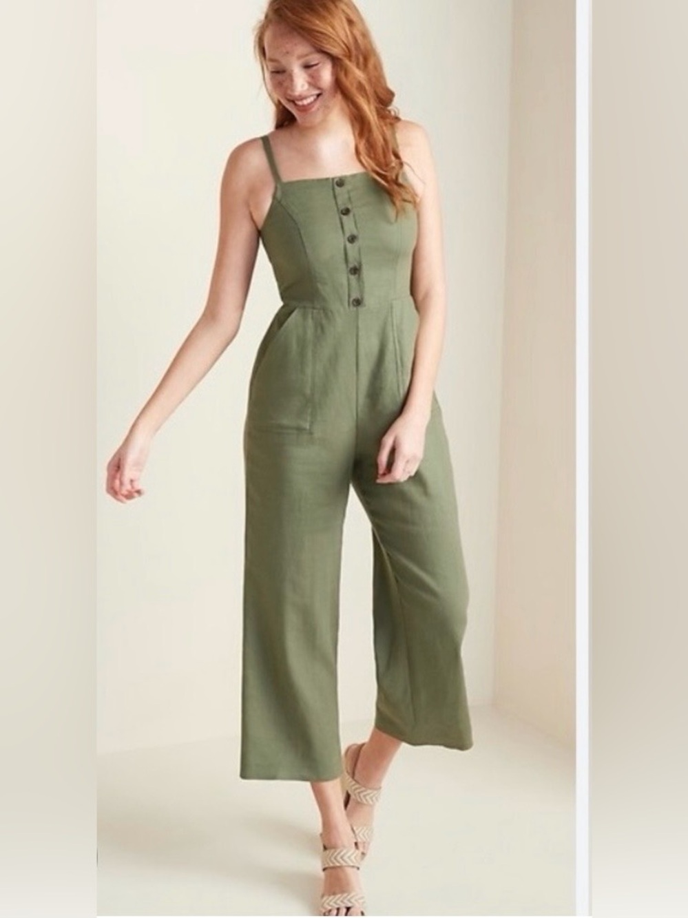 Old Navy Olive Green Ankle Wide-Leg Linen Blend Jumpsuit